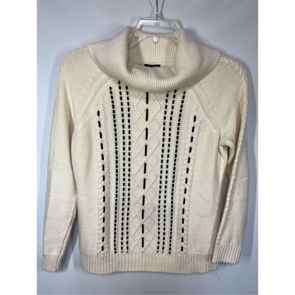 -3. Talbots Women's Velvet Detail Cable Knit Sweater Off-White Black Medium Peti - Picture 1 of 8